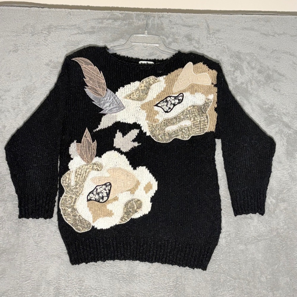 Vintage 90s Bonnie & Bill Applique Sweater M Black Chunky Knit Artsy Leaf Boho